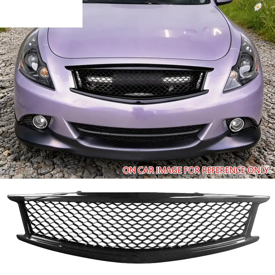 2010-2015 Infiniti G37 G25 Q40 Sedan Honeycomb Style Front Bumper Upper Grille Replacement Carbon Fiber Print ABS