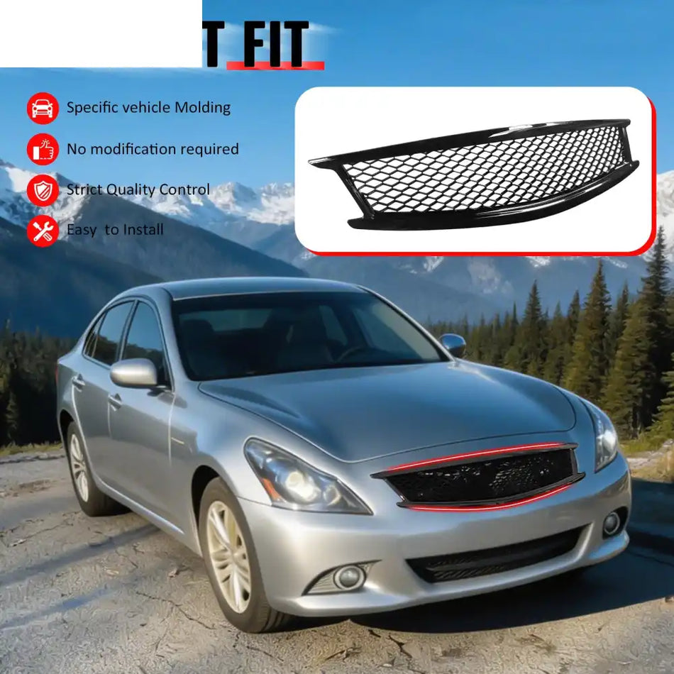 2010-2015 Infiniti G37 G25 Q40 Sedan Honeycomb Style Front Bumper Upper Grille Replacement Gloss Black ABS Gloss Black