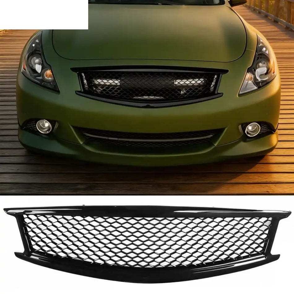 2010-2015 Infiniti G37 G25 Q40 Sedan Honeycomb Style Front Bumper Upper Grille Replacement Gloss Black ABS Gloss Black