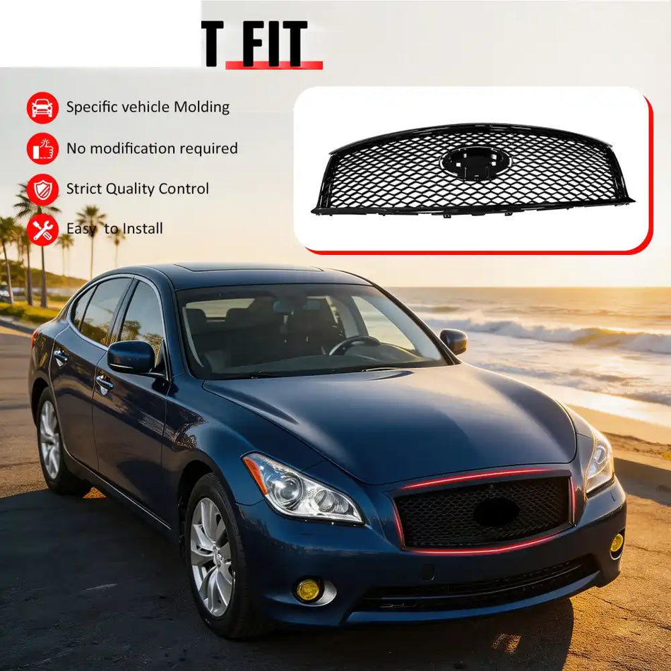 2011-2013 Infiniti M56 M35h M37& 2014-2015 Q70 Honeycomb Style Front Bumper Upper Grille Replacement Gloss Black ABS