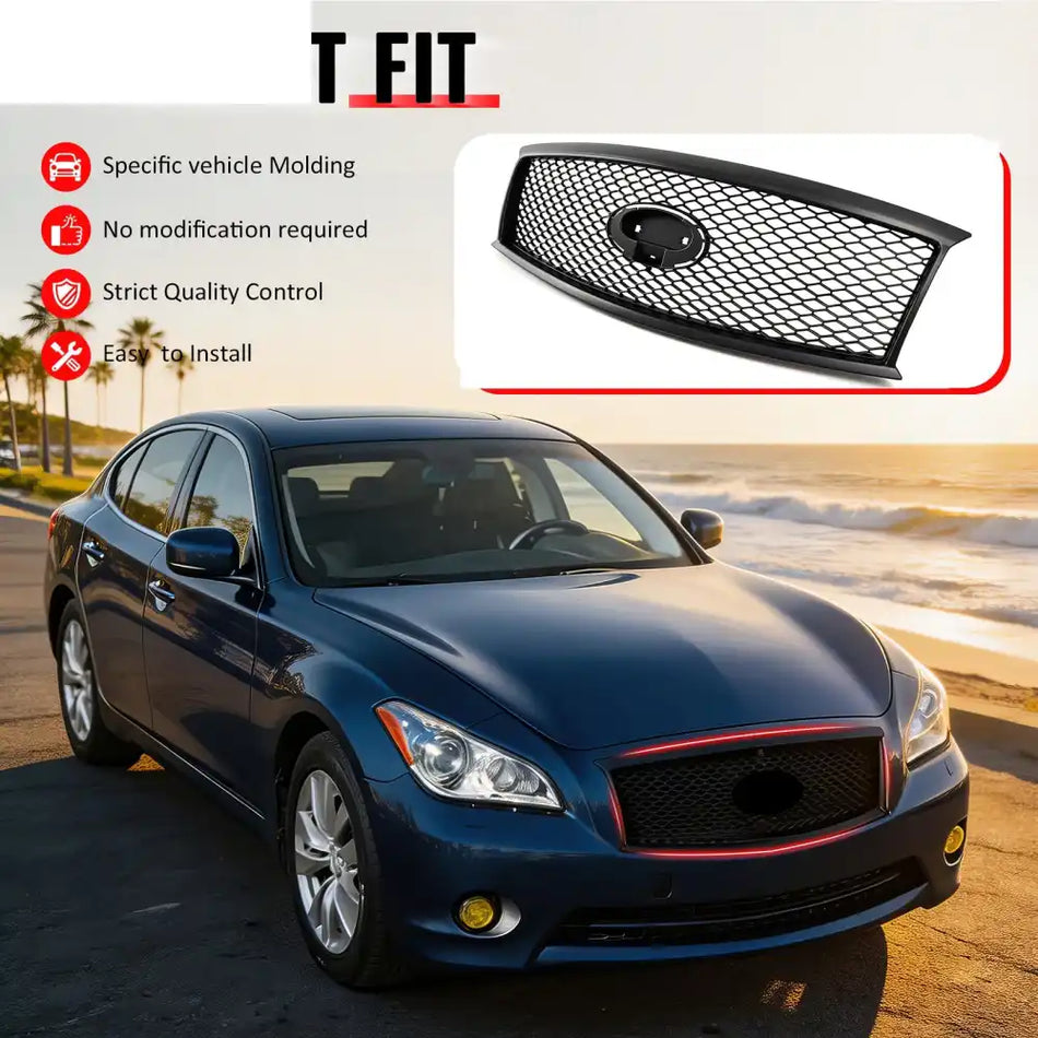 2011-2013 Infiniti M56 M35h M37& 2014-2015 Q70 Honeycomb Style Front Bumper Upper Grille Replacement Matte Black ABS