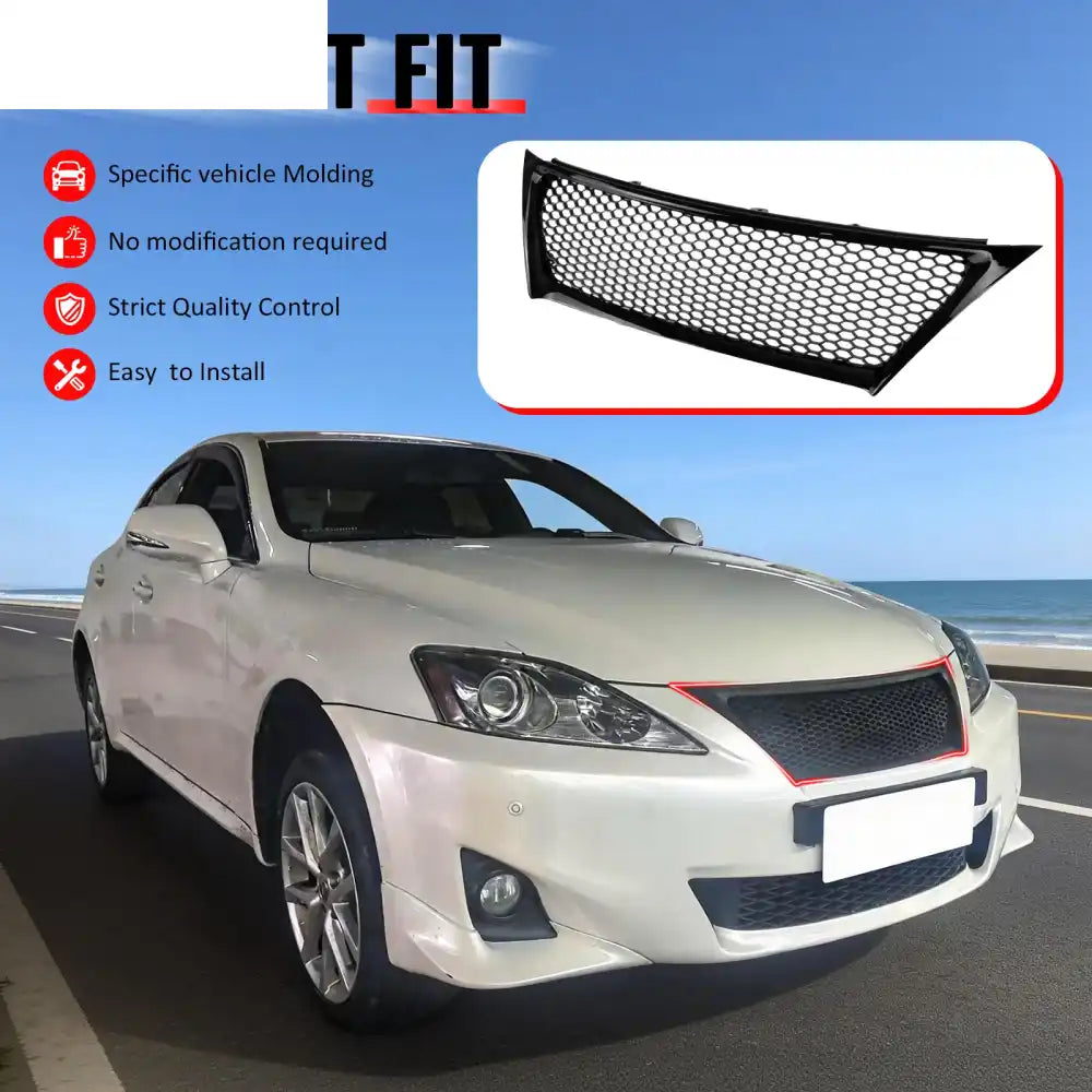2011-2013 Lexus IS 250 IS350 Sedan Honeycomb Style Front Bumper Upper Grille Replacement Gloss Black ABS Gloss Black