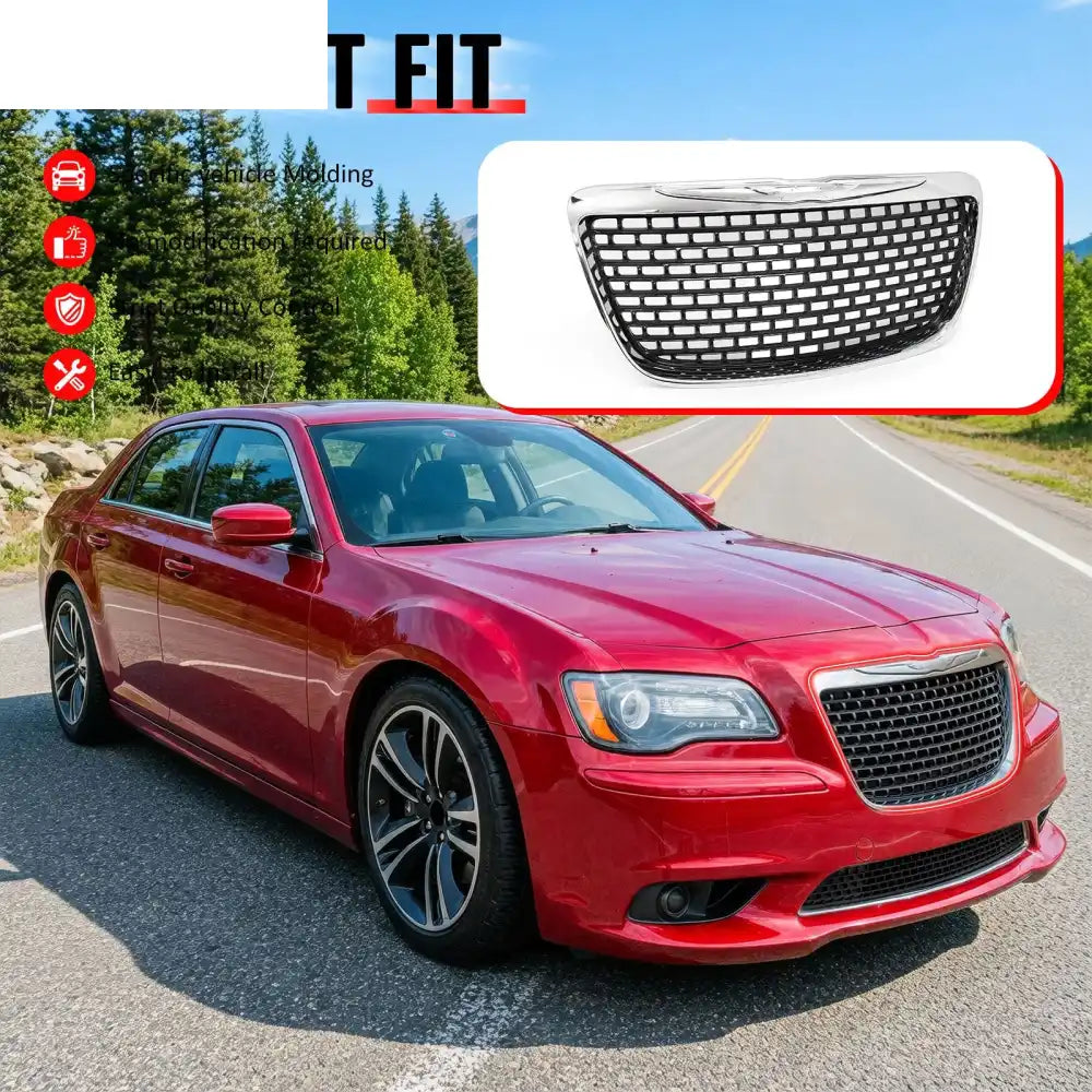 2011-2014 Chrysler 300 SRT8 Style Front Bumper Upper Grille Chrome& Gloss Black ABS Mesh Grill Replacement Chrome&
