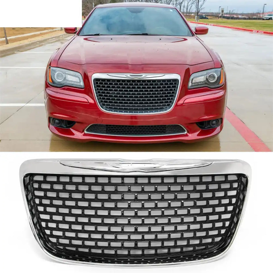 2011-2014 Chrysler 300 SRT8 Style Front Bumper Upper Grille Chrome& Gloss Black ABS Mesh Grill Replacement Chrome&