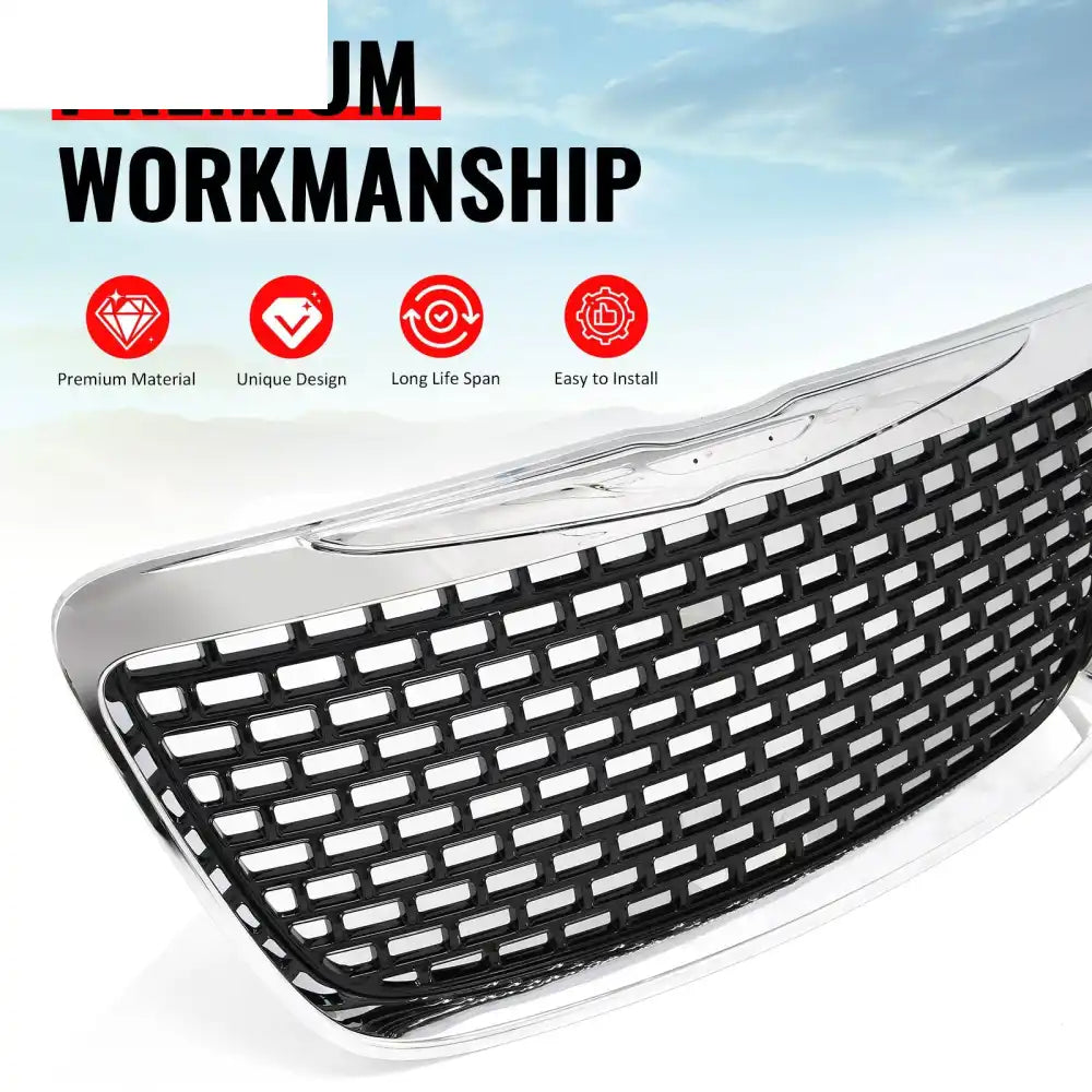 2011-2014 Chrysler 300 SRT8 Style Front Bumper Upper Grille Chrome& Gloss Black ABS Mesh Grill Replacement Chrome&