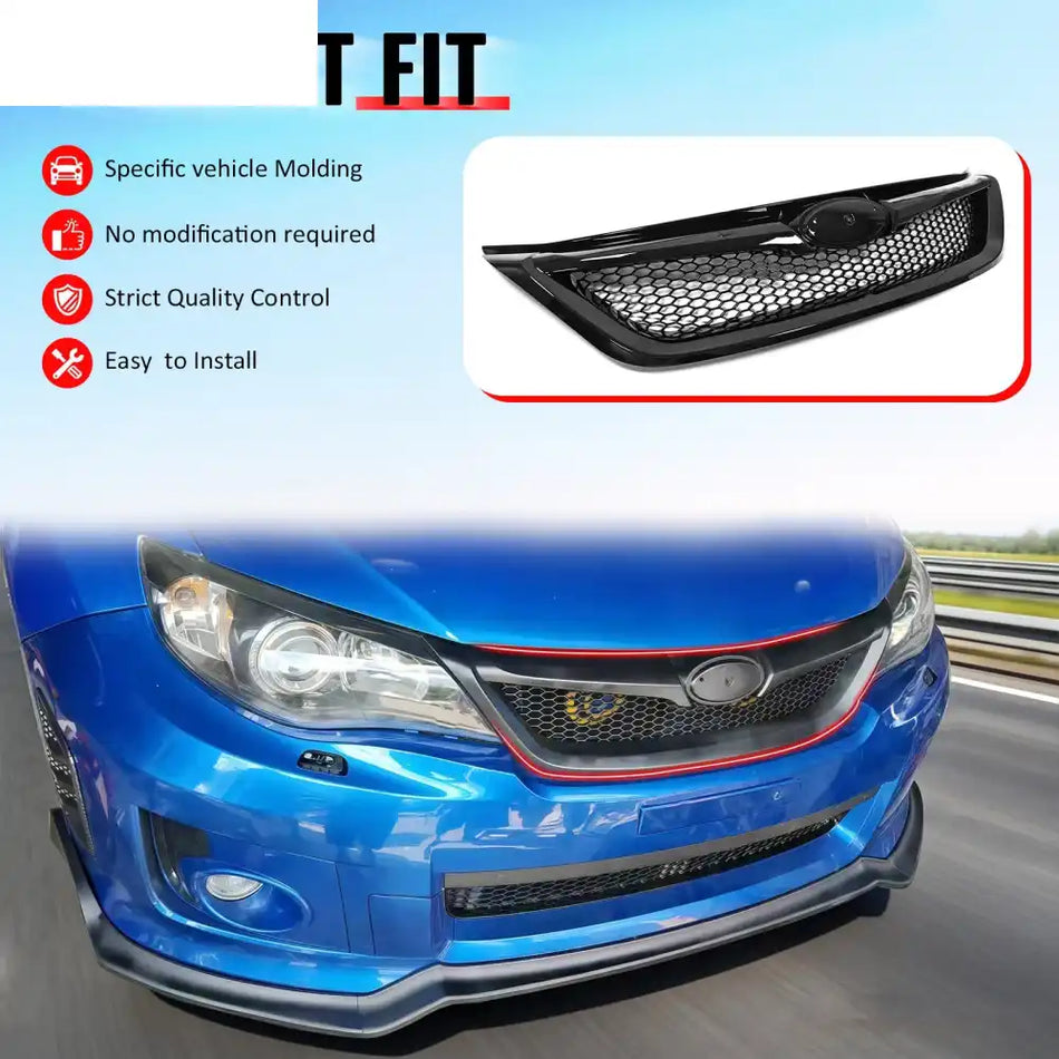2011-2014 Subaru Impreza WRX & WRX STI Honeycomb Style Front Bumper Upper Grille Replacement Gloss Black ABS
