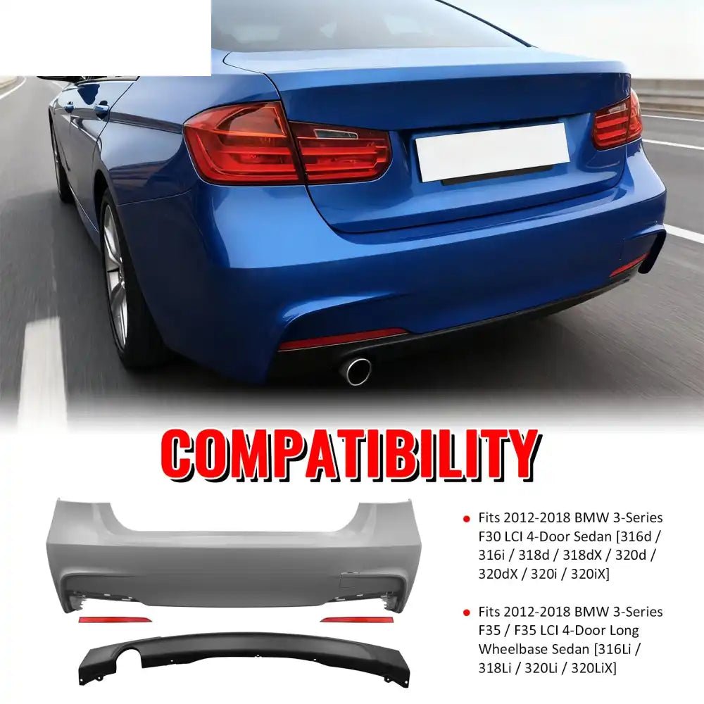 2012-2018 BMW F30 F35 3 Series Sedan Rear Bumper Cover W/Diffuser PP Unpainted Black