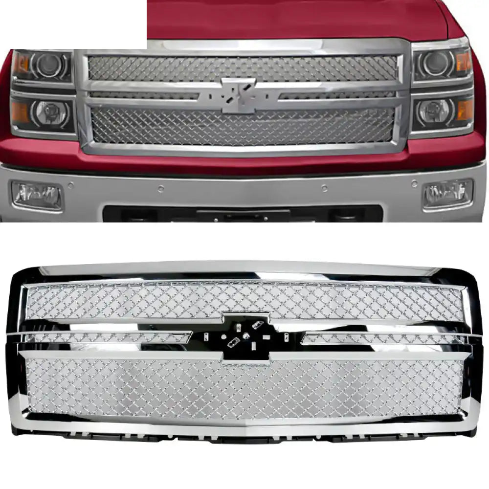 2014-2015 Chevy Silverado 1500 B Style Silver Front Bumper Grille ABS Chrome