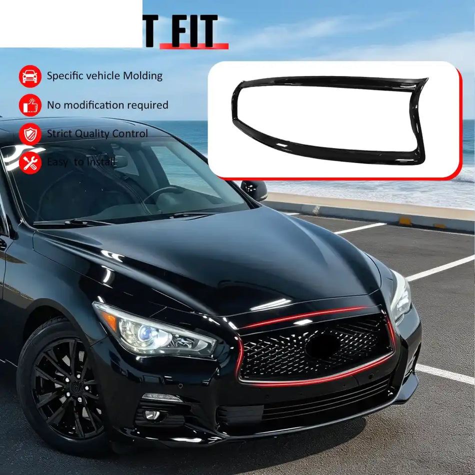 2014-2017 Infiniti Q50 OE Style Front Bumper Upper Grille Frame Trim Replacement Gloss Black ABS Gloss Black