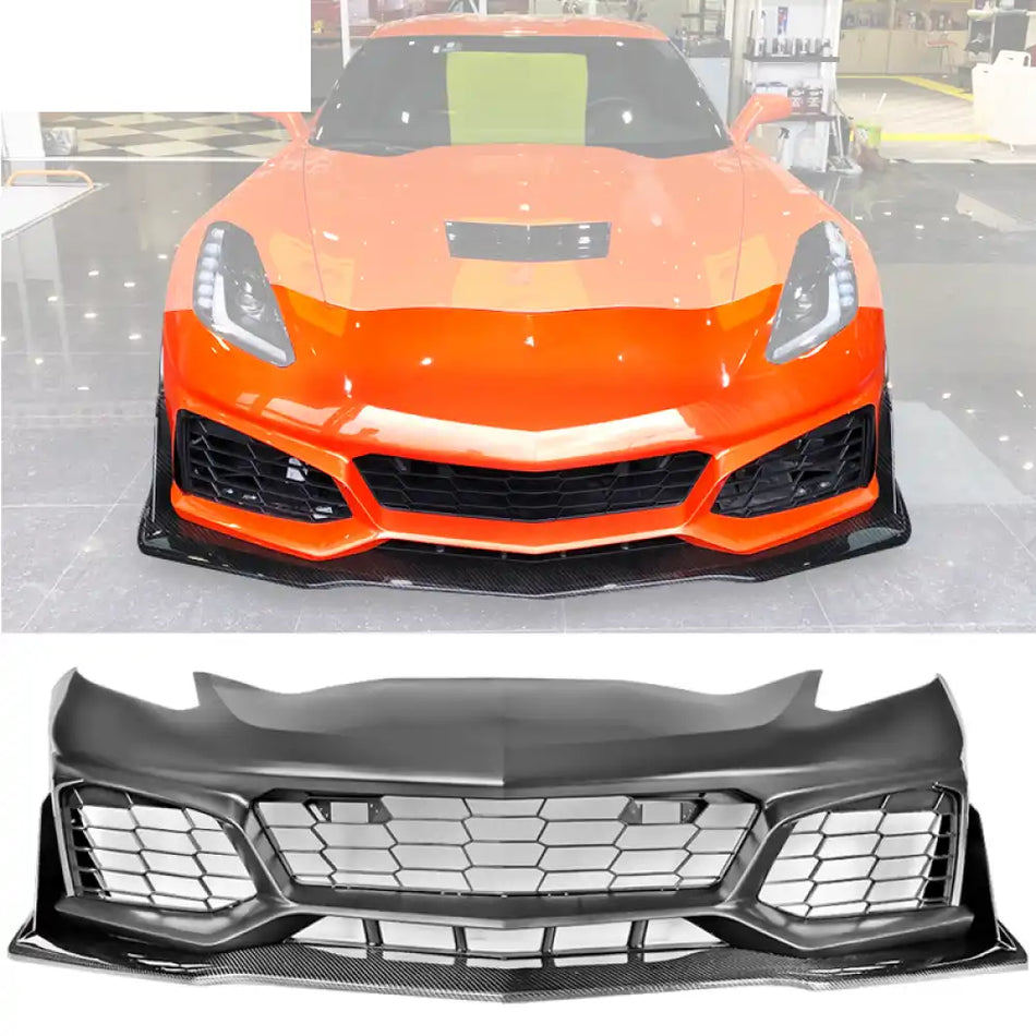 2014-2019 Chevy Corvette C7 ZR1 Style Black Front Bumper + CF Splitter