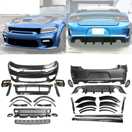2015-2023 Charger Widebody Rear Bumper Covers W/ SRT Grilles LED ABS Carbon Fiber Print