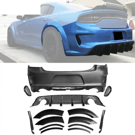2015-2023 Charger Widebody Rear Bumper Covers W/ SRT Grilles LED ABS Carbon Fiber Print