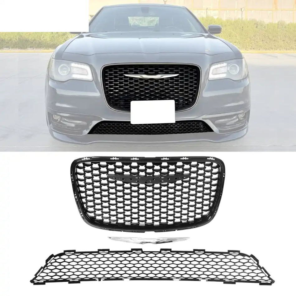 2015-2023 Chrysler 300 Gloss Black ABS Upper Grille + PP Lower Grille Gloss Black