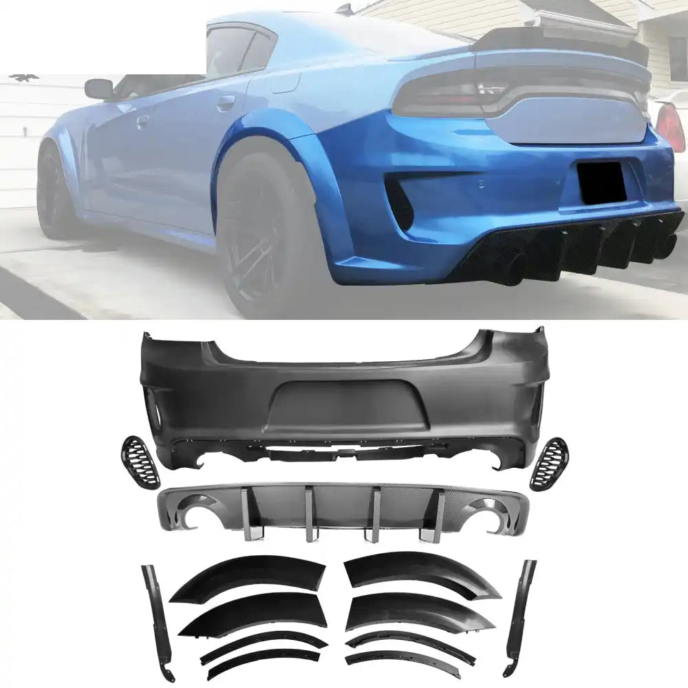2015-2023 Dodge Charger Widebody Rear Bumper Covers W/ SRT Grilles ABS Carbon Fiber Print