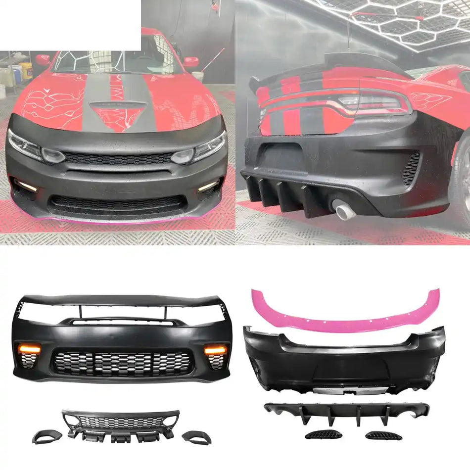 2015-2023 Dodge Charger Widebody SRT Rear Front Bumper Pink Lip PP LED Pink