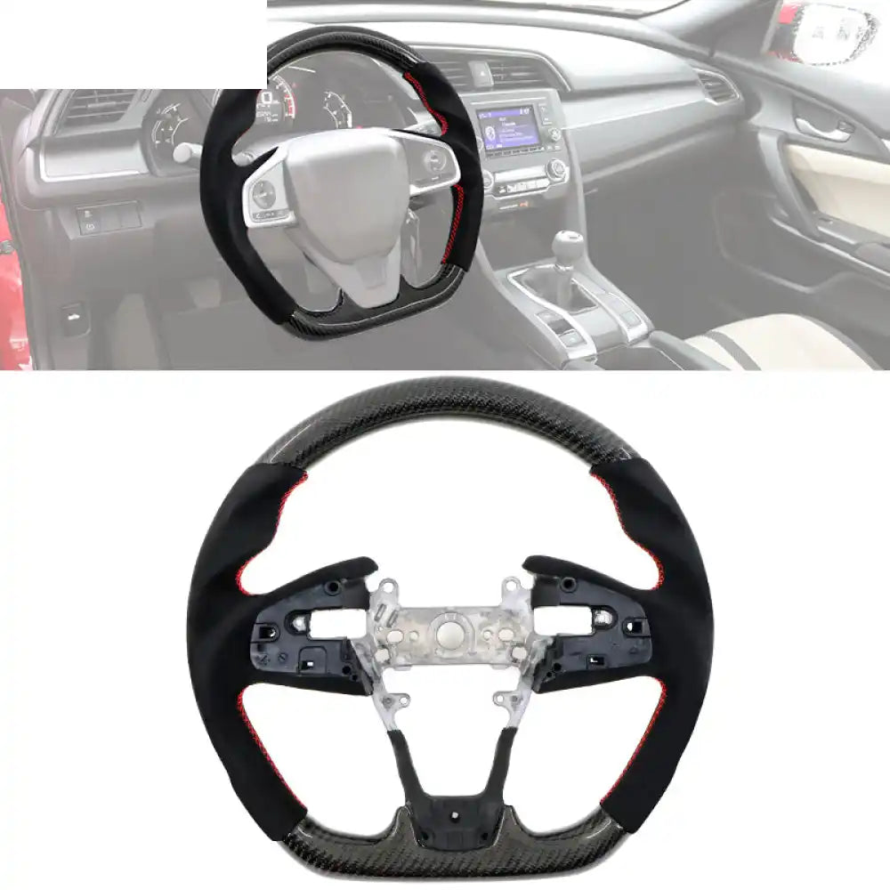 2016-2021 Civic Carbon Fiber Steering Wheel Black W/ Red Stitch / Carbon Fiber & Alcantara