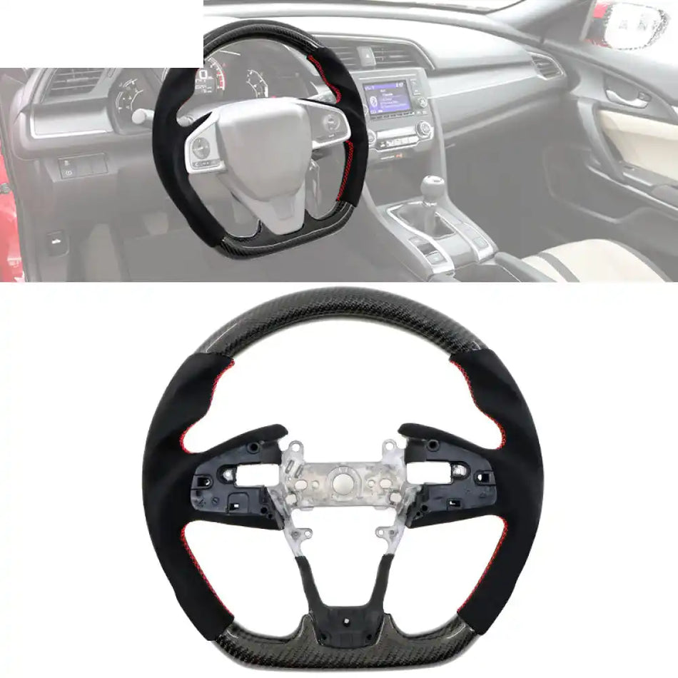 2016-2021 Civic Carbon Fiber Steering Wheel Black W/ Red Stitch / Carbon Fiber & Alcantara