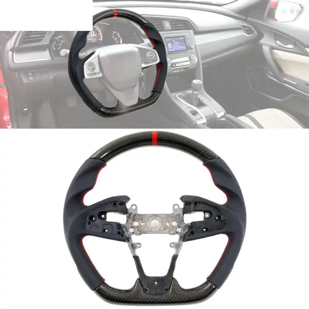 2016-2021 Civic Carbon Fiber Steering Wheel Black W/ Red Stitch & Indicator / Carbon Fiber & Perforated Leather