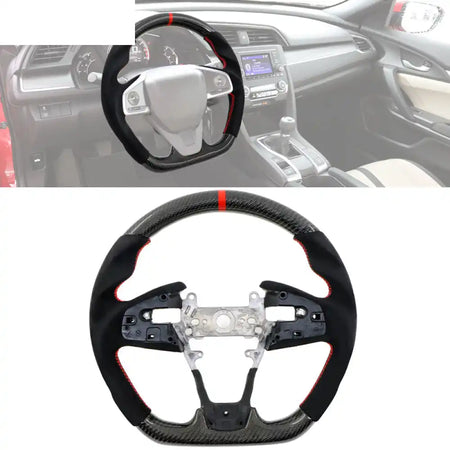 2016-2021 Civic Carbon Fiber Steering Wheel Black W/ Red Stitch & Indicator / Carbon Fiber & Synthetic Suede