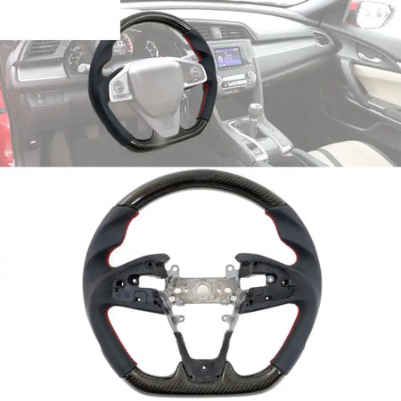 2016-2021 Civic Carbon Fiber Steering Wheel Black W/ Red Stitch / Carbon Fiber & Perforated Leather