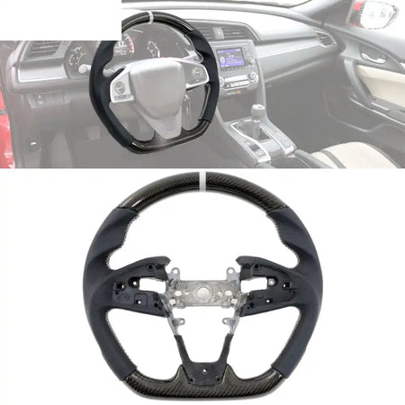 2016-2021 Civic Carbon Fiber Steering Wheel Black W/ White Stitch & Indicator / Carbon Fiber & Perforated Leather