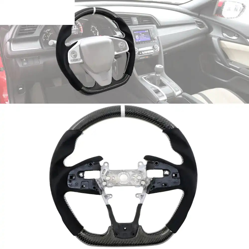 2016-2021 Civic Carbon Fiber Steering Wheel Black W/ White Stitch & Indicator / Carbon Fiber & Synthetic Suede