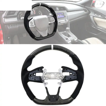 2016-2021 Civic Carbon Fiber Steering Wheel Black W/ White Stitch & Indicator / Carbon Fiber & Synthetic Suede