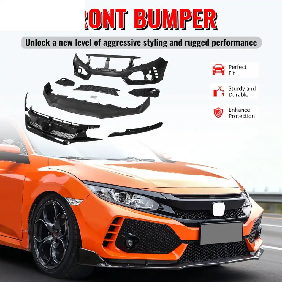 2016-2021 Honda Civic Sedan TR Style Front & Rear Bumper Cover PP Unpainted Black