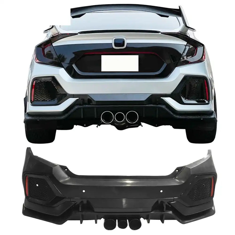 2016-2021 Honda Civic Sedan TR Style Rear Bumper Cover W/Diffuser PP Unpainted Black