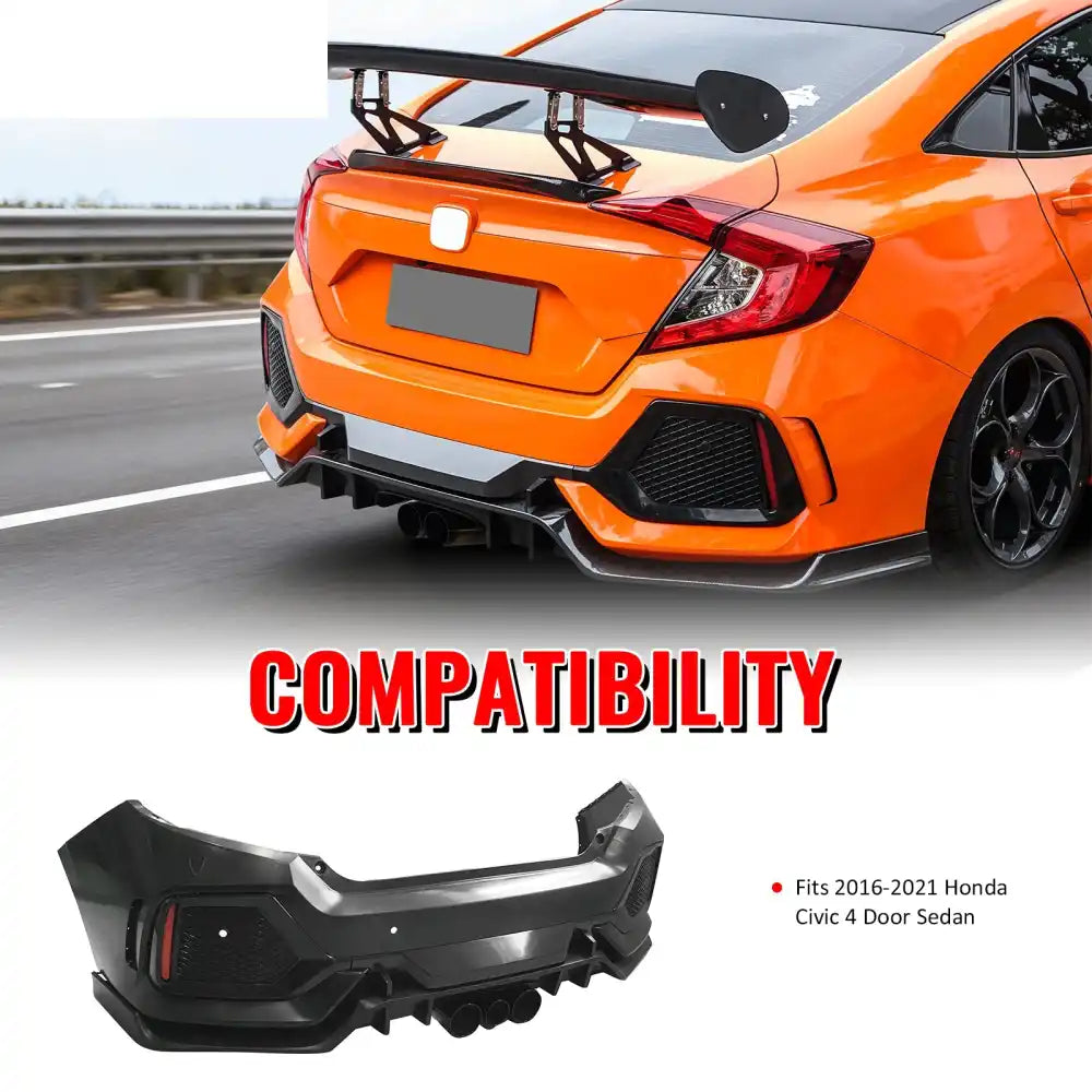 2016-2021 Honda Civic Sedan TR Style Rear Bumper Cover W/Diffuser PP Unpainted Black
