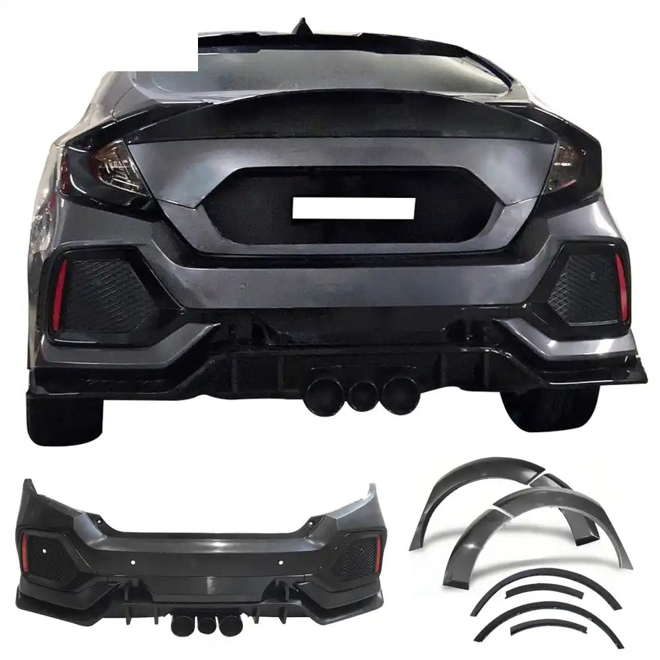 2016-2021 Honda Civic Sedan TR Style Rear Bumper Cover W/Fender Flares Unpainted Black