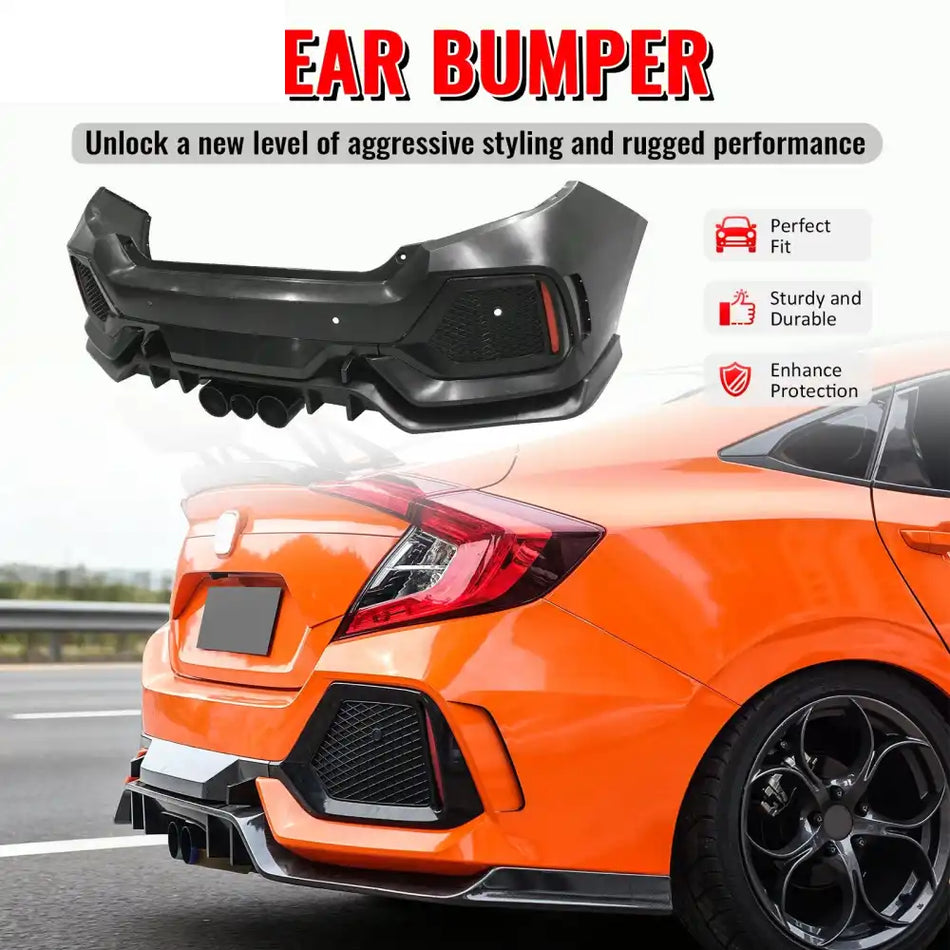 2016-2021 Honda Civic Sedan TR Style Rear Bumper Cover W/Fender Flares Unpainted Black