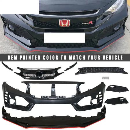2016-2021 Honda Civic Type-R Style Front Bumper & Lip Gloss Black Red