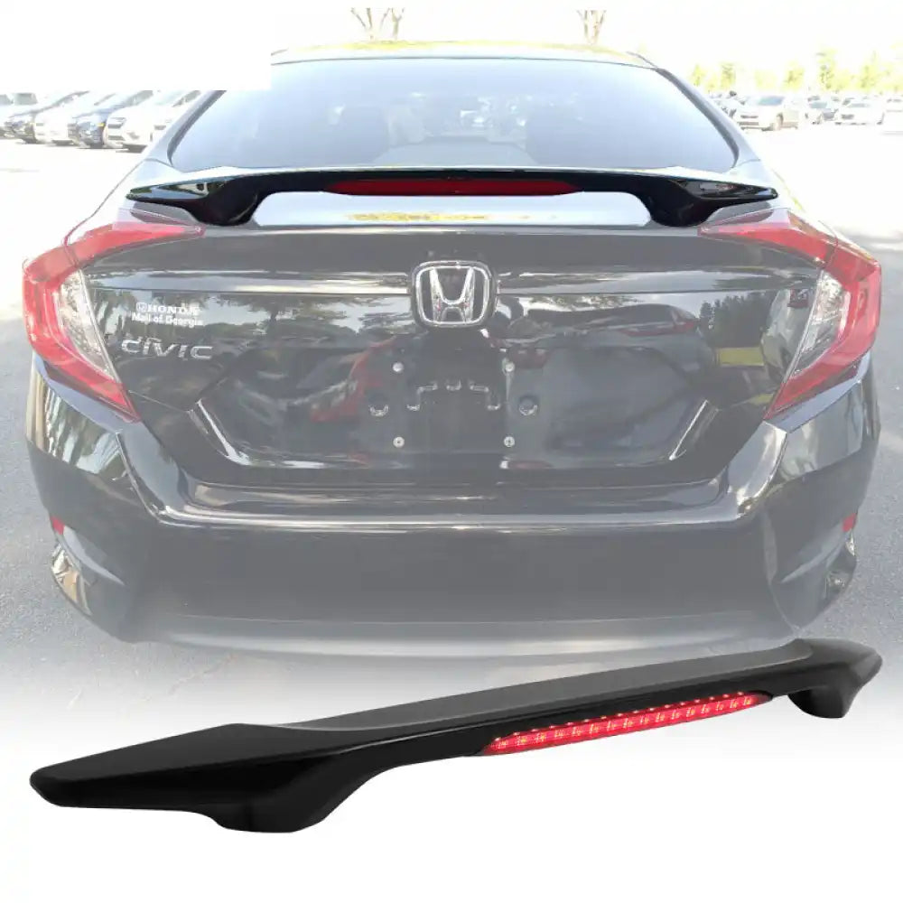 2016-2021 Honda Civic X Sedan Trunk Spoiler with LED Brake Light ABS Unpainted Black