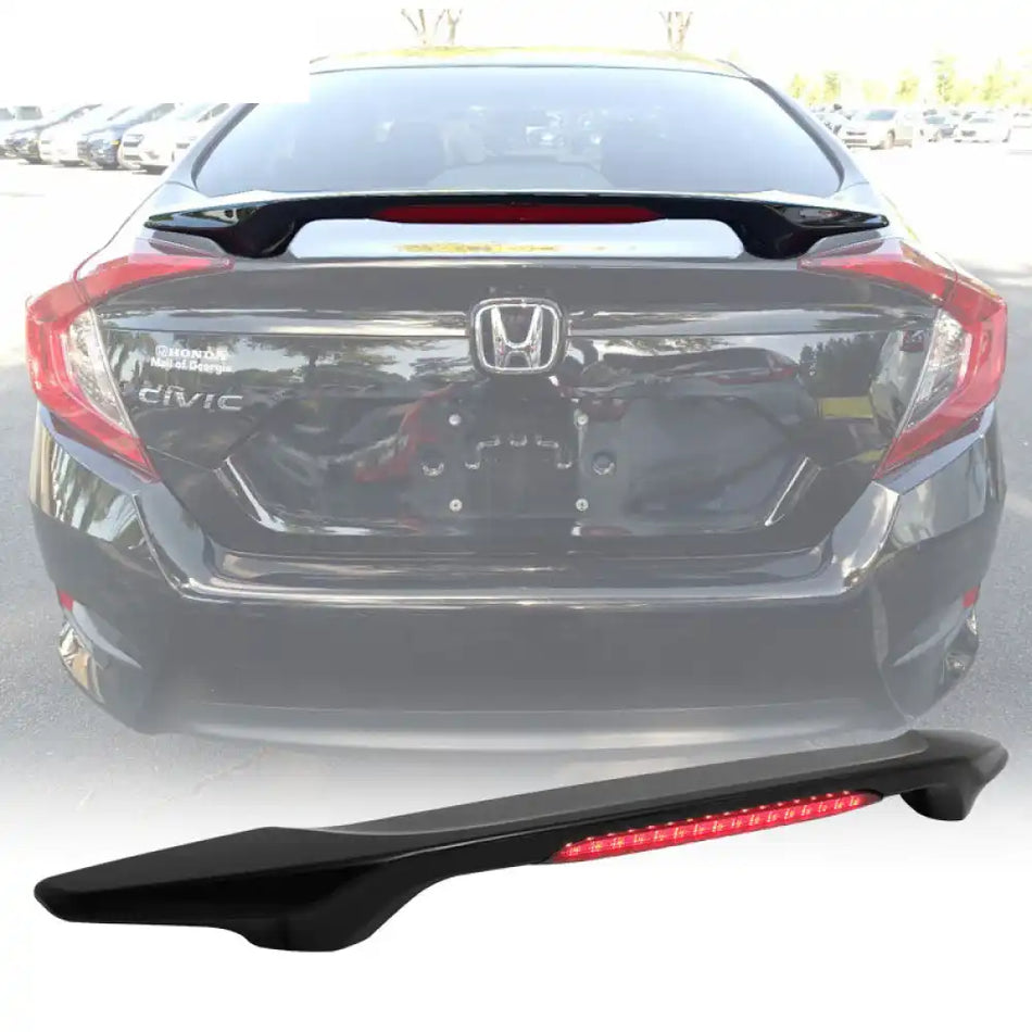 2016-2021 Honda Civic X Sedan Trunk Spoiler with LED Brake Light ABS Unpainted Black