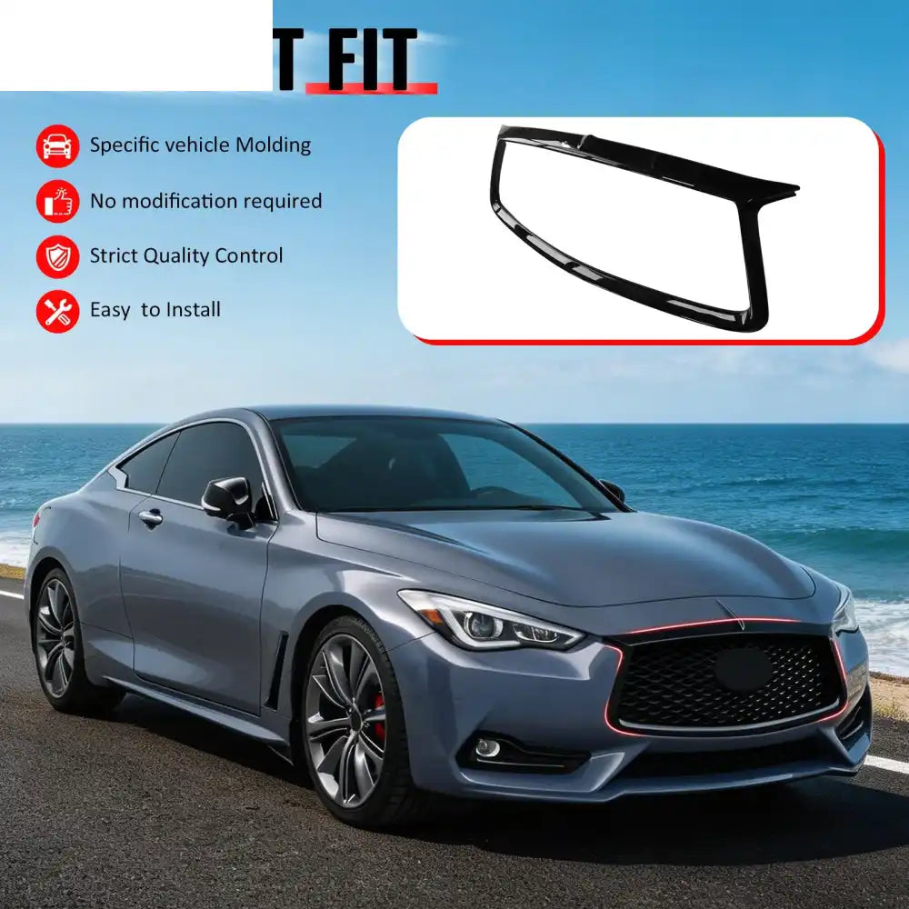 2017-2022 Infiniti Q60 OE Style Front Bumper Upper Grille Frame Trim Replacement Gloss Black ABS Gloss Black
