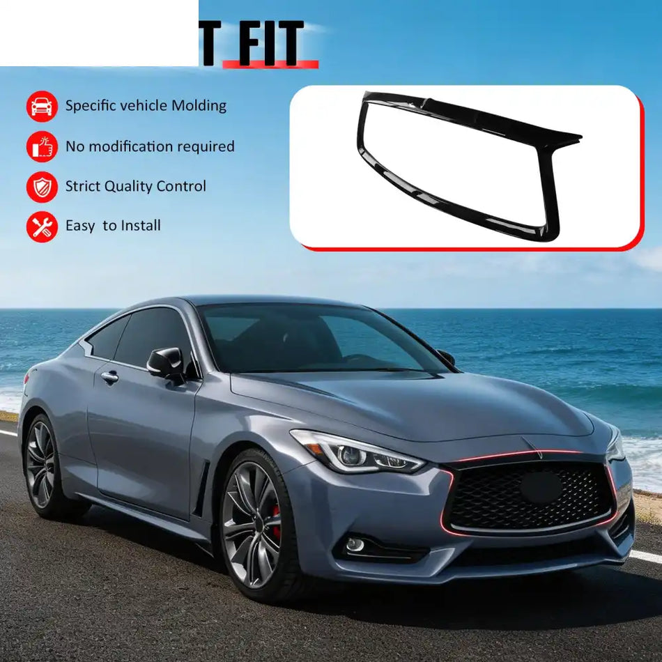 2017-2022 Infiniti Q60 OE Style Front Bumper Upper Grille Frame Trim Replacement Gloss Black ABS Gloss Black