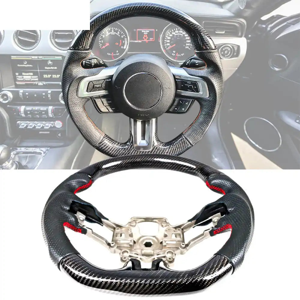 2018-2023 Ford Mustang V1 Steering Wheel w/ Red Stitching Carbon Fiber CF w / Red Stitching / Carbon Fiber & Leather
