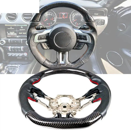 2018-2023 Ford Mustang V1 Steering Wheel w/ Red Stitching Carbon Fiber CF w / Red Stitching / Carbon Fiber & Leather