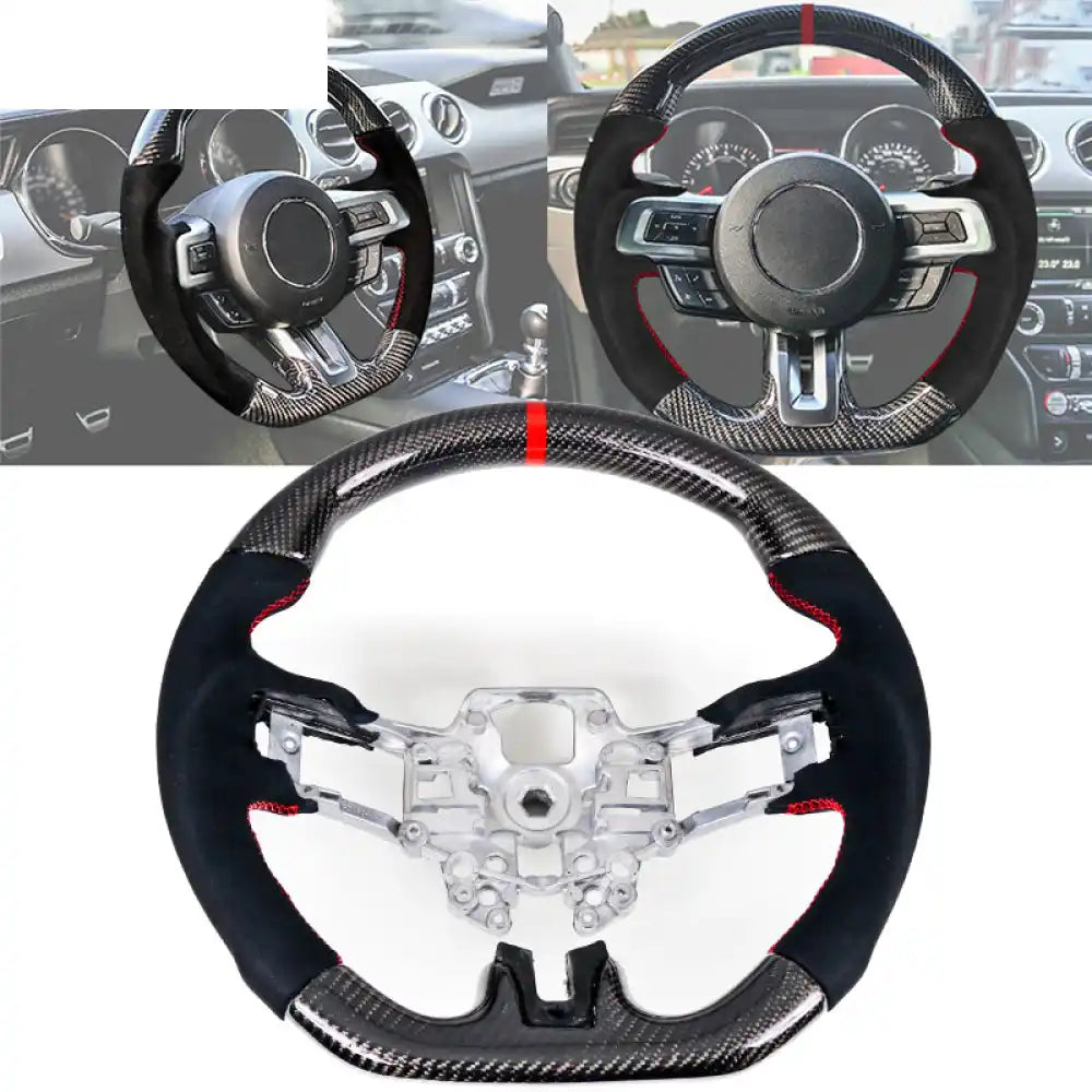 2018-2023 Ford Mustang V1 Steering Wheel w/ Red Stitching Carbon Fiber CF w / Red Stitching & Ring / Carbon Fiber &