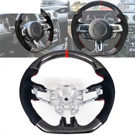 2018-2023 Ford Mustang V1 Steering Wheel w/ Red Stitching Carbon Fiber CF w / Red Stitching & Ring / Carbon Fiber &