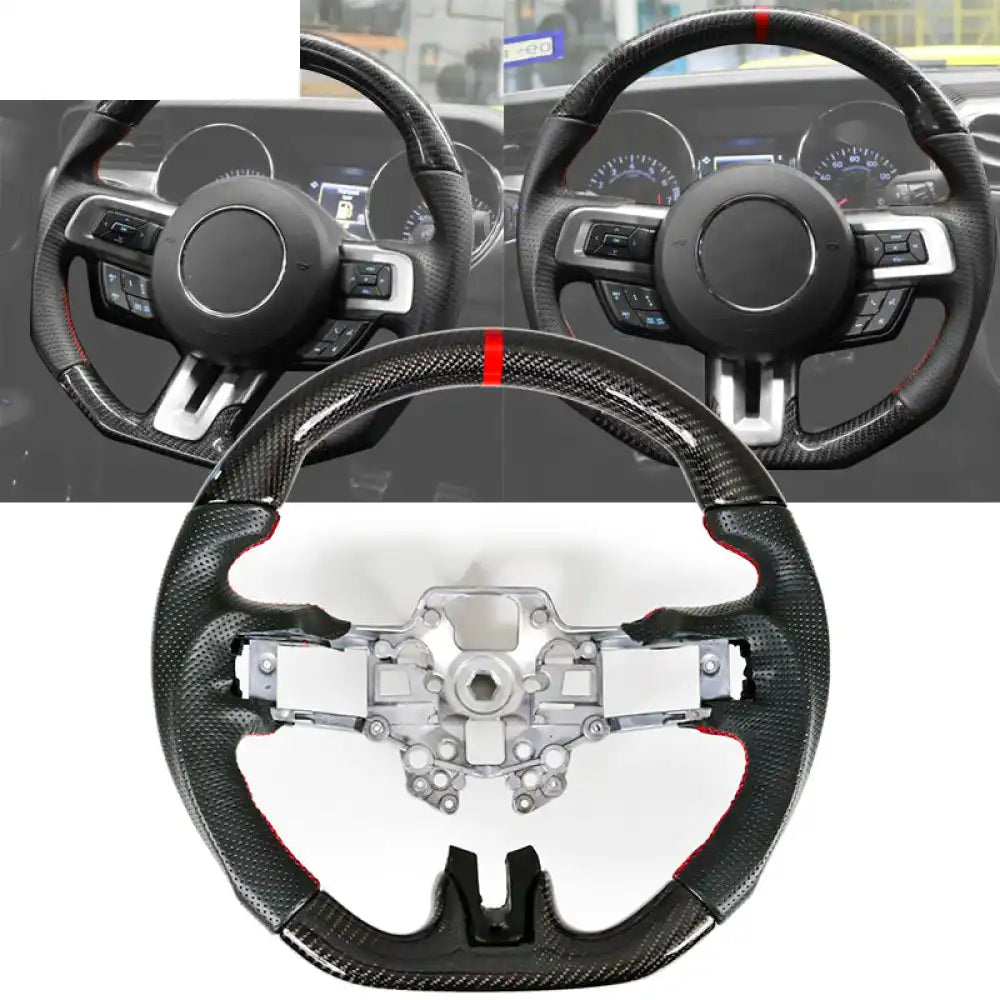 2018-2023 Ford Mustang V1 Steering Wheel w/ Red Stitching Carbon Fiber CF w / Red Stitching & Ring / Carbon Fiber &