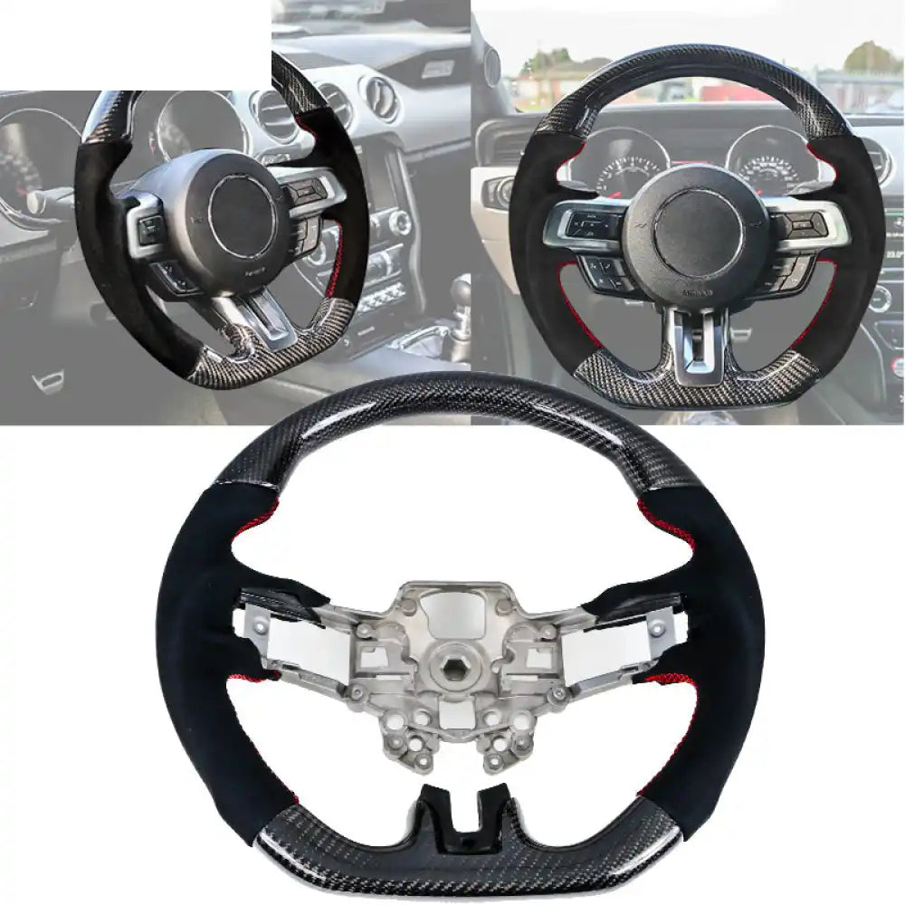 2018-2023 Ford Mustang V1 Steering Wheel w/ Red Stitching Carbon Fiber CF w / Red Stitching / Carbon Fiber & Synthetic