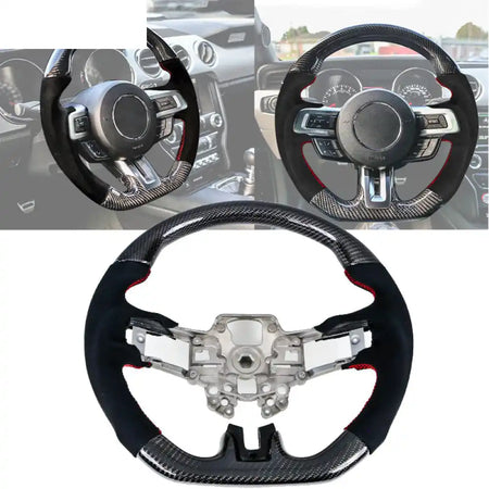 2018-2023 Ford Mustang V1 Steering Wheel w/ Red Stitching Carbon Fiber CF w / Red Stitching / Carbon Fiber & Synthetic