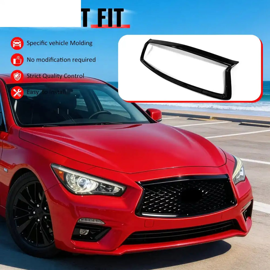 2018-2024 Infiniti Q50 OE Style Front Bumper Upper Grille Frame Trim Replacement Gloss Black ABS Gloss Black