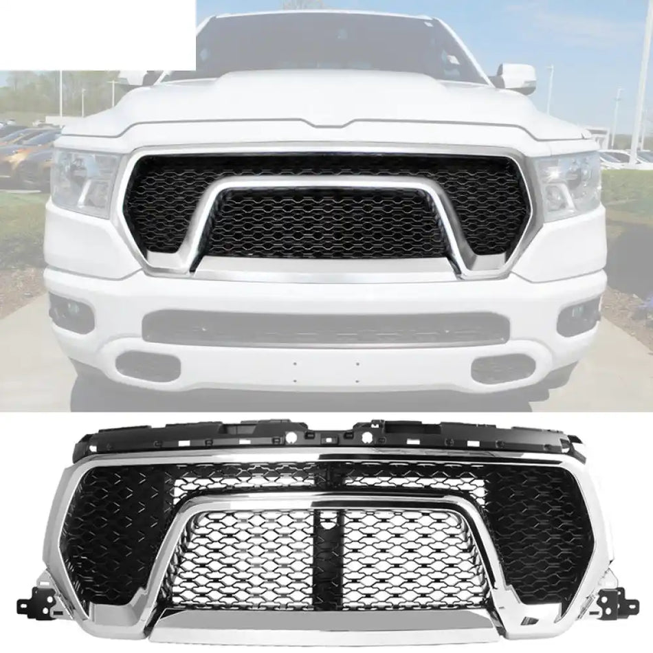 2019-2023 Dodge Ram 1500 Rebel Style Front Bumper Hood Grille Grill Chrome
