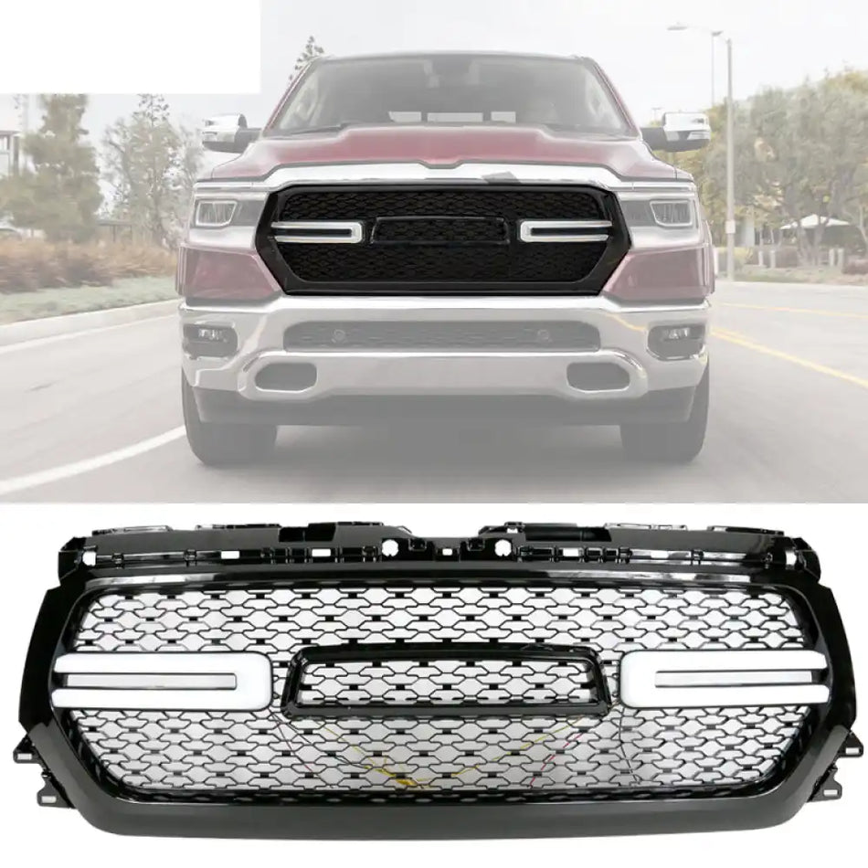 2019-2024 Dodge Ram 1500 Front Hood Grill with Switchback Turn Signal Gloss Black with Switchback Turn Signal