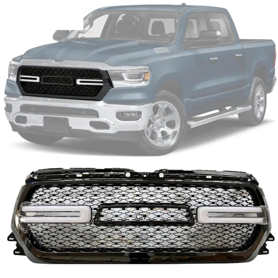 2019-2024 Dodge Ram 1500 Grill Front Mesh Vehicle Grill with LED Light Gloss Black