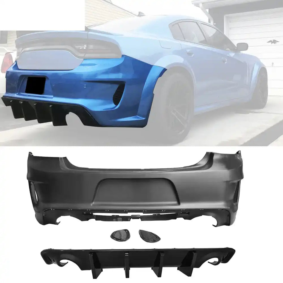 2020-2023 Dodge Charger Rear Bumper Cover + IKON Rear Diffuser Black PP Gloss Black