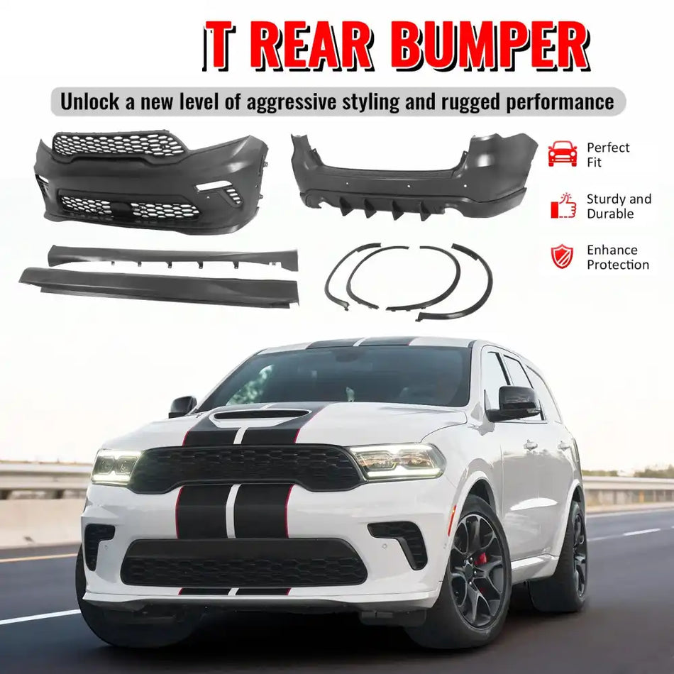 2021-2025 Dodge Durango Hellcat Style Front Rear Bumper W/V1 Diffuser Front Bumper Cover, Rear Bumper Cover, Side
